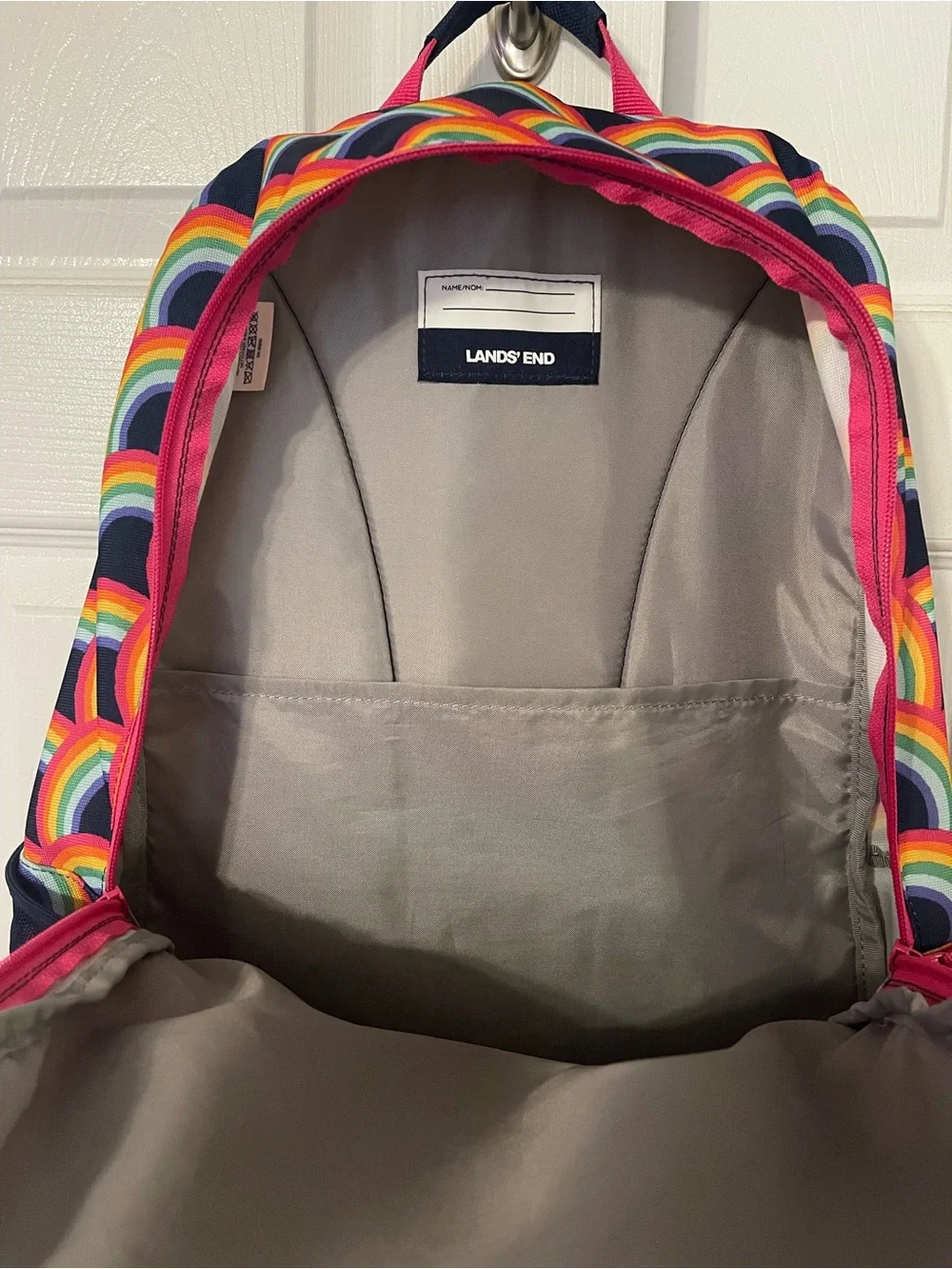 Lands' End Kids ClassMate Large Navy Backpack with Rainbow Print and Pink Trim